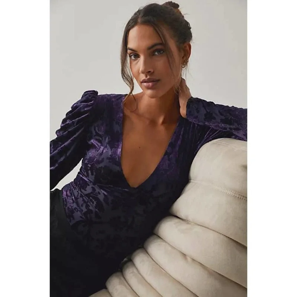Free People NWT Magic Hour Velvet Puff Bodysuit Deep Sea Combo Size XS OB1570815